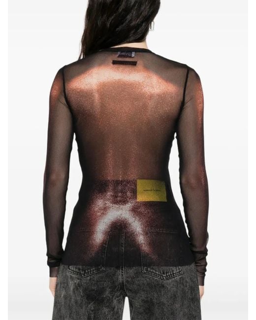 Jean Paul Gaultier Black Mesh Crew Neck Top With Long Sleeves Printed Body Dust