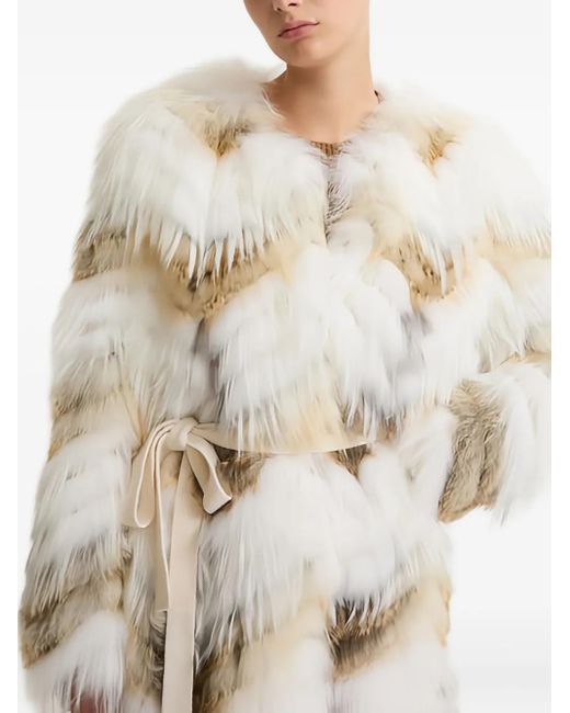 Yves Salomon Natural Chevron-Pattern Belted Coat