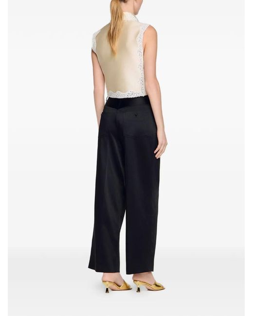 Sandro Black Satin-Effect Wide-Leg Trousers