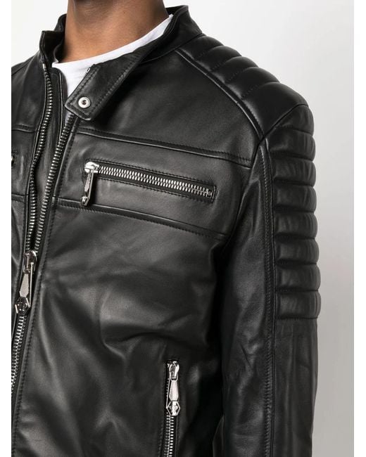 Philipp Plein Black Long Sleeve Leather Jacket for men