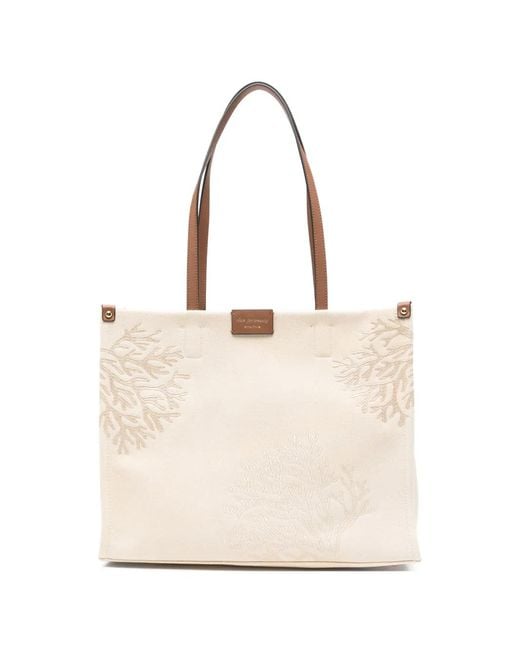 Cromia Natural Solana Coral-Motif Canvas Tote Bag