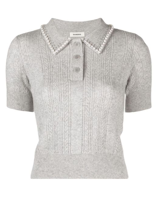 Sandro Gray Faux-pearl-embellished Wool-blend Polo Shirt
