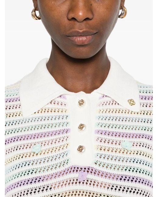 Casablanca White Striped Crochet Polo Shirt