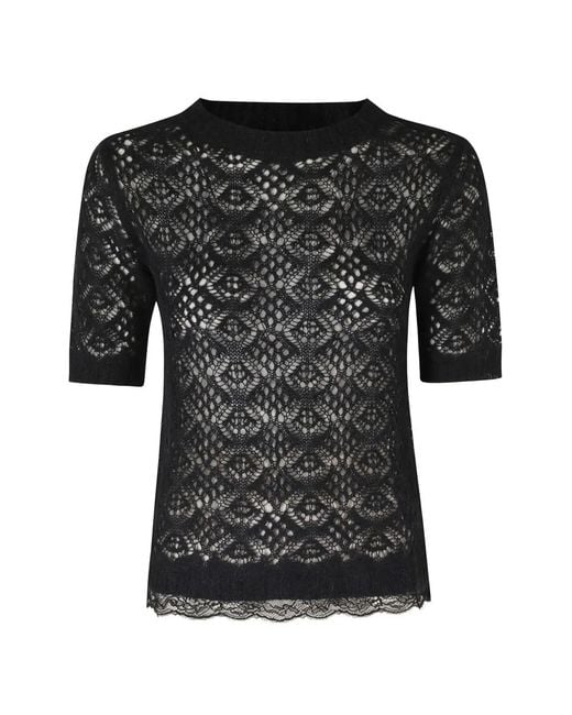 ERMANNO FIRENZE Black Lace-Knit Short-Sleeve Blouse