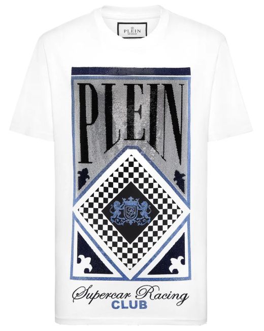 Philipp Plein White Jersey T-Shirt Round Neck Ss Stones Racing Club for men