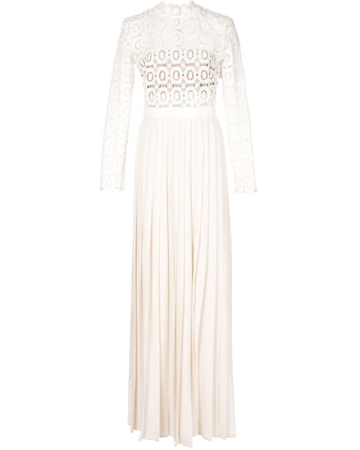 Self-Portrait White Pleated Crochet-Lace and Cotton-Blend Maxi Dress