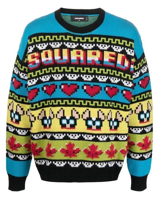 DSquared² Blue Jacquard Crew Neck Jumper for men