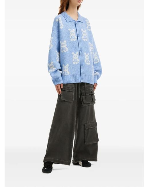 Mini Cream Blue Buttoned Bear-Pattern Cardigan