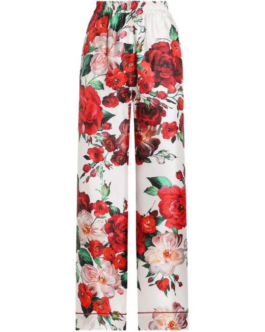 Dolce & Gabbana Red Silk Floral Print Pyjama Trousers