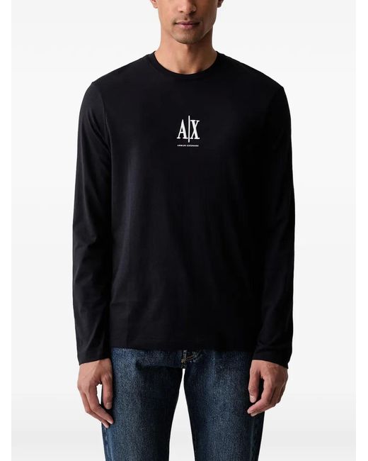 ARMANI EXCHANGE Black Logo-Embroidered Long-Sleeve T-Shirt for men