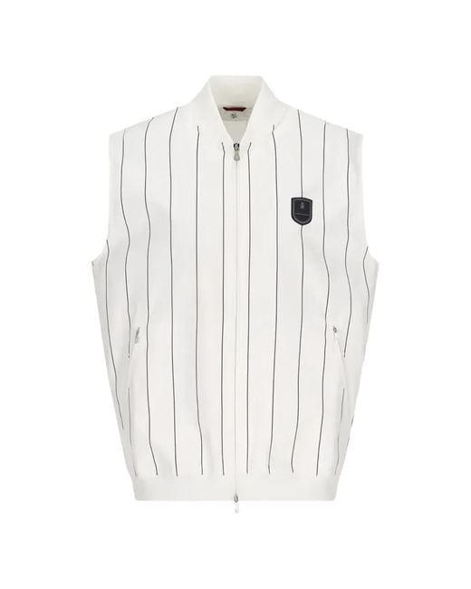 Brunello Cucinelli White Striped Logo-Patch Vest for men