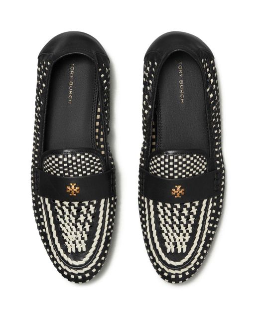 Tory Burch Black Logo-plaque Interwoven Leather Loafers
