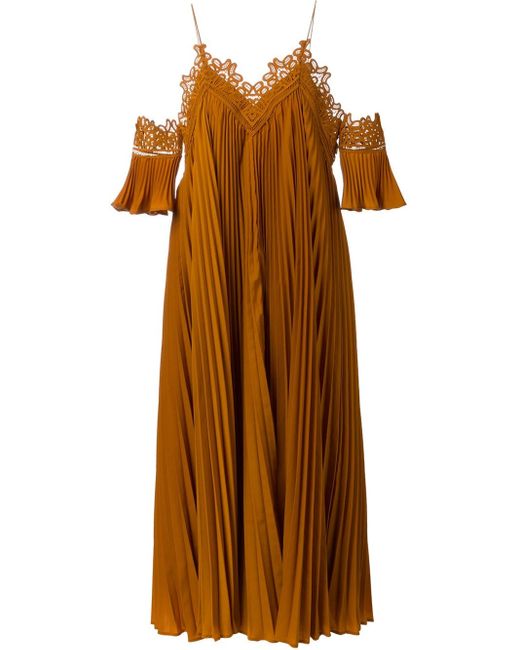 self portrait orange off shoulder pleated chiffon dress Rent Self-Portrait Orange Dress UK 8