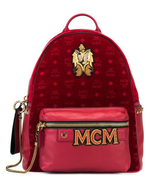 MCM Red Logo Print Patched Backpack