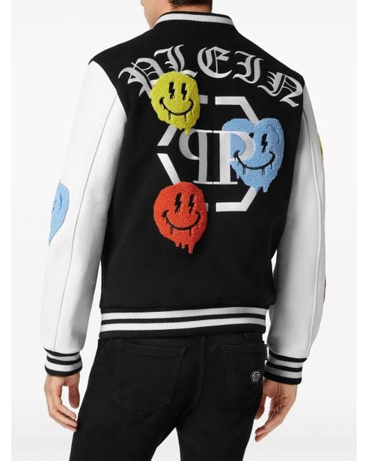 Philipp Plein Black Smile-Appliqué Varsity Jacket for men