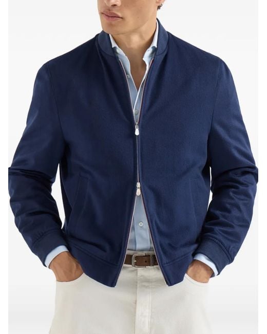 Brunello Cucinelli Blue Lightweight Cashmere Flannel Bomber Jacket for men
