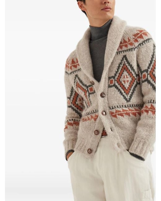 Brunello Cucinelli Gray Geometric-Jacquard Cardigan for men
