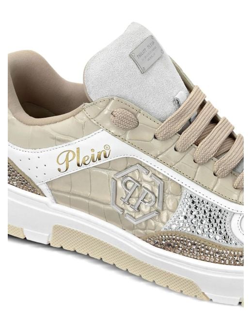 Philipp Plein White Crystal-Embellished Crocodile-Effect Sneakers
