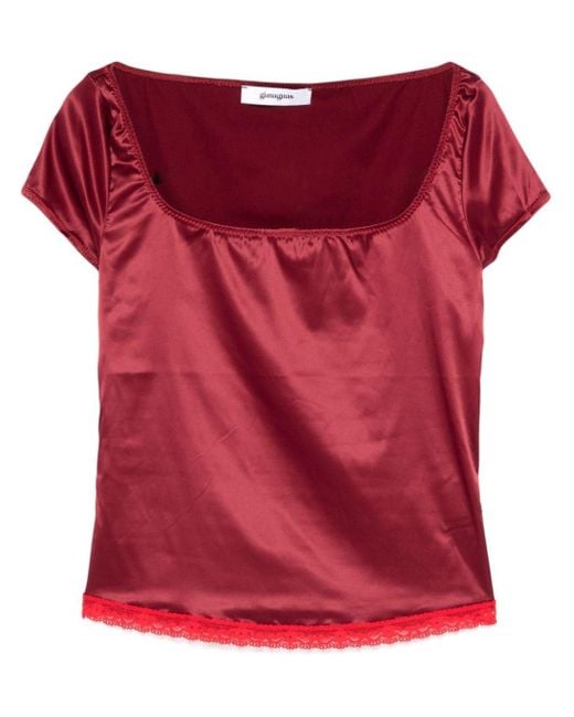 GIMAGUAS Red Satin Square-Neck Lace-Trim Top