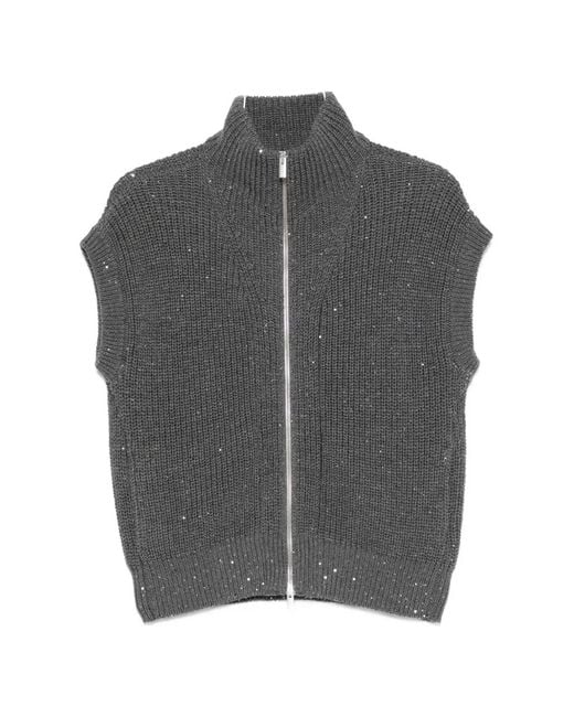 Peserico Gray Sequin-Embellished Ribbed Sleeveless Cardigan