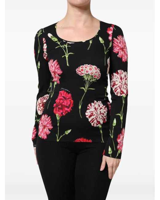 Dolce & Gabbana Black Floral-Print Long-Sleeve Blouse