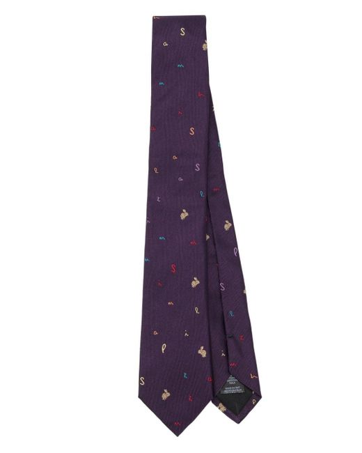 Paul Smith Purple Rabbit-embroidered Silk Tie for men