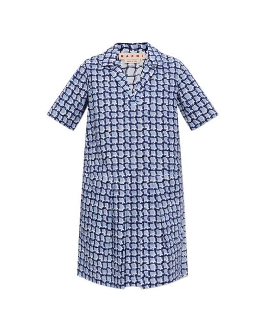 Marni Blue Geometric-Pattern Short-Sleeve Mini Dress