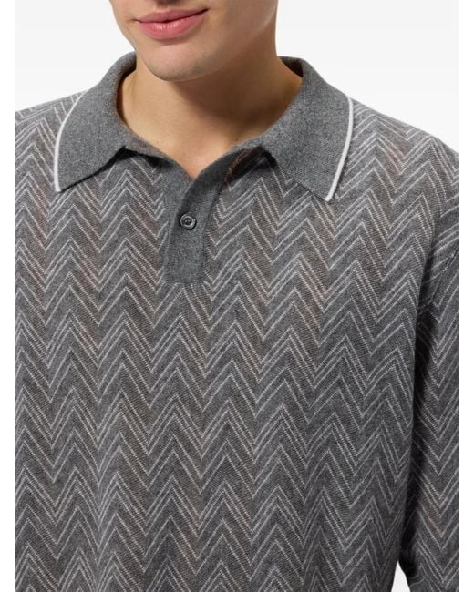 Missoni Gray Long-Sleeve Cashmere Zig Zag Polo Shirt for men