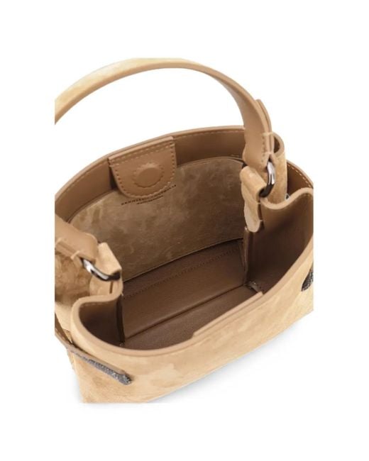 Brunello Cucinelli Natural Mini Essence Monili-Embellished Suede Tote Bag