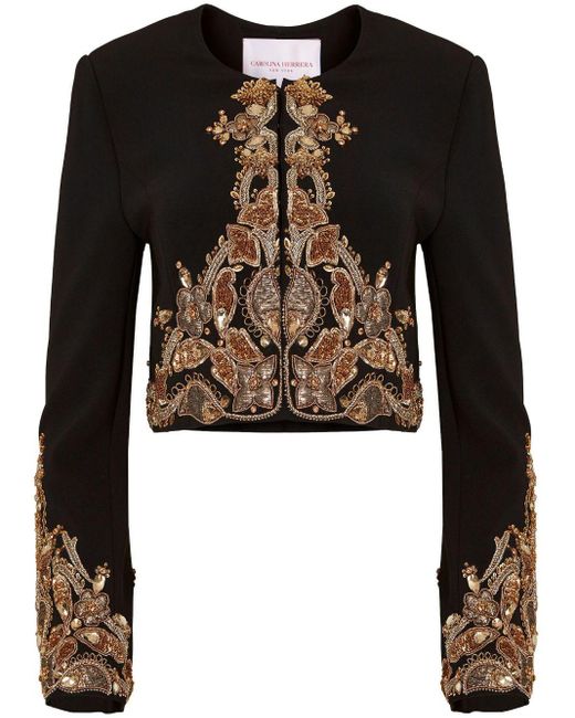 Carolina Herrera Black Crystal-embellished Embroidered Jacket