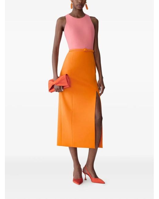 Carolina Herrera Orange Colourblock-Design Belted Midi Dress