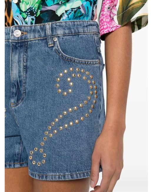 Moschino Blue Logo-Patch Stud-Embellished Denim Shorts