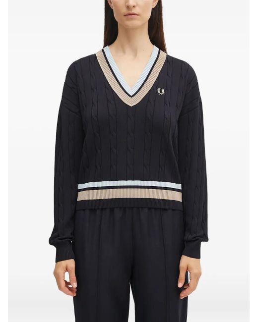 Fred Perry Blue Cable-Knit V-Neck Sweater