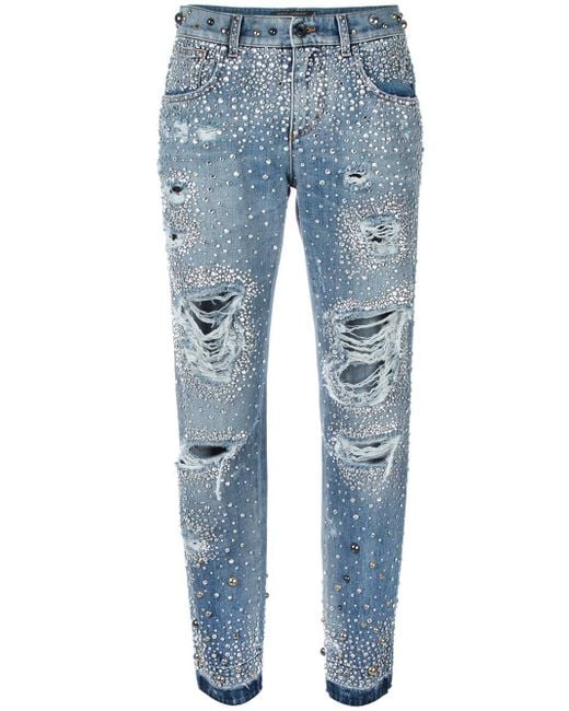 Dolce & Gabbana Rhinestone Ripped Boyfriend Jeans in Blue | Lyst