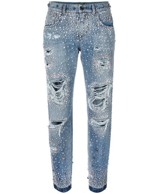 Dolce & Gabbana Rhinestone Ripped Boyfriend Jeans in Blue | Lyst