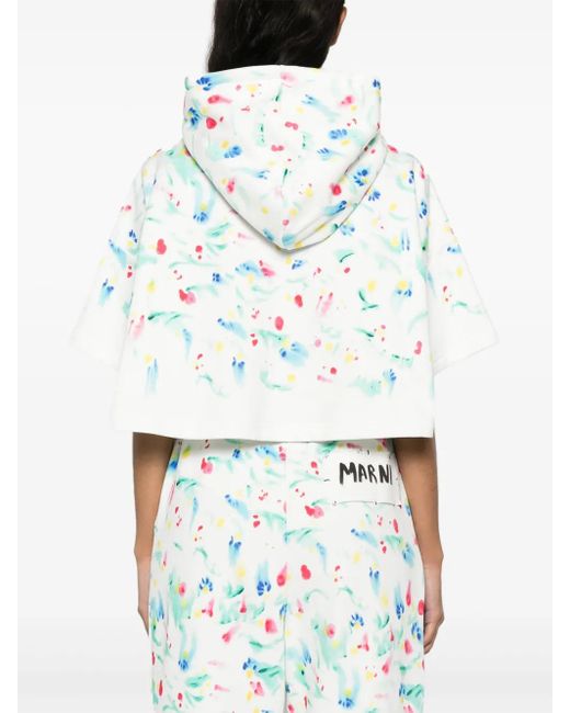 Marni White Floral-Print Cotton Hoodie