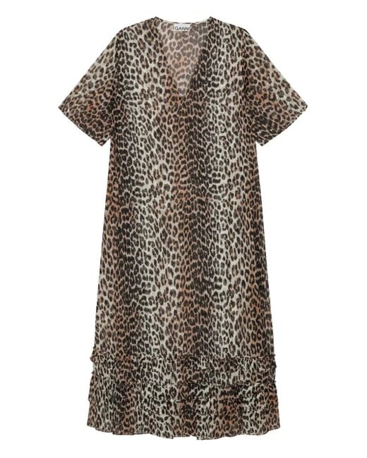 Ganni Natural Leopard-Print Ruffled Dress