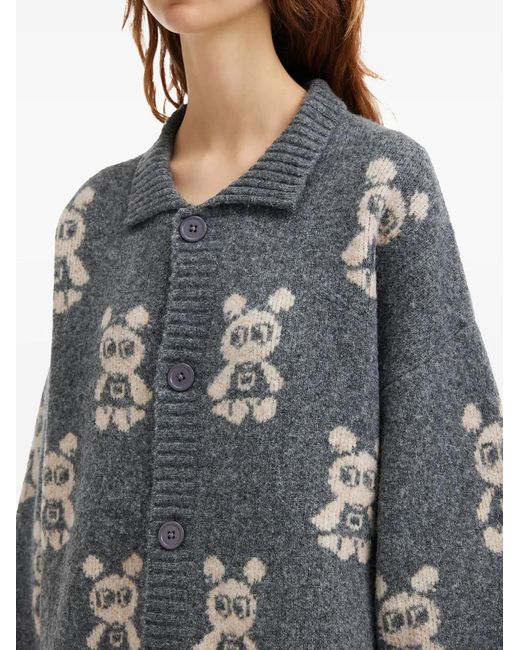 Mini Cream Gray Bear-Pattern Button-Fastening Cardigan