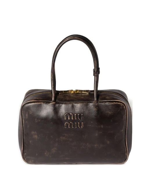 Miu Miu Black Beau Logo-Embossed Zip-Top Tote Bag