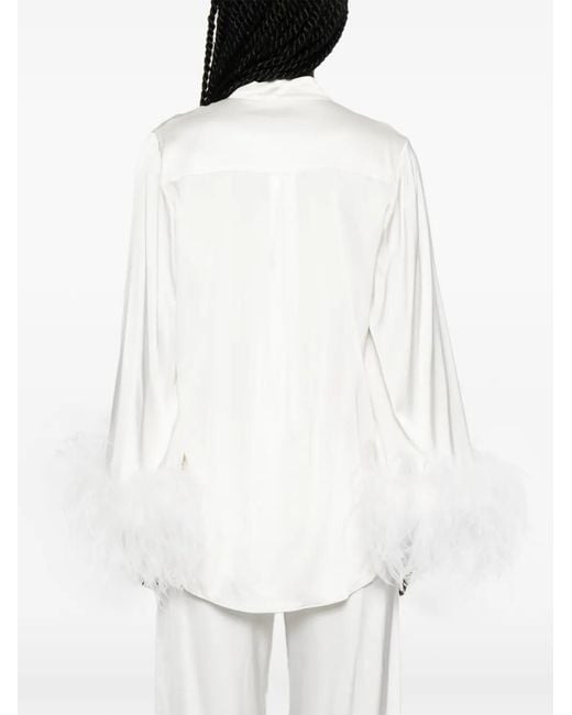 Oseree White Feather-Trim Satin Blouse