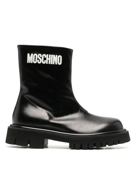 Moschino Black Leather Ankle Boots With Rubber Sole