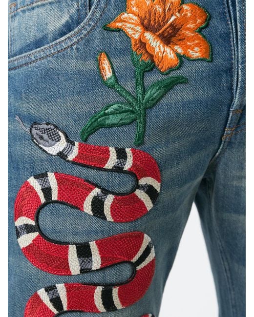 Gucci Snake Embroidered Slim-fit Jeans in Blue for Men | Lyst