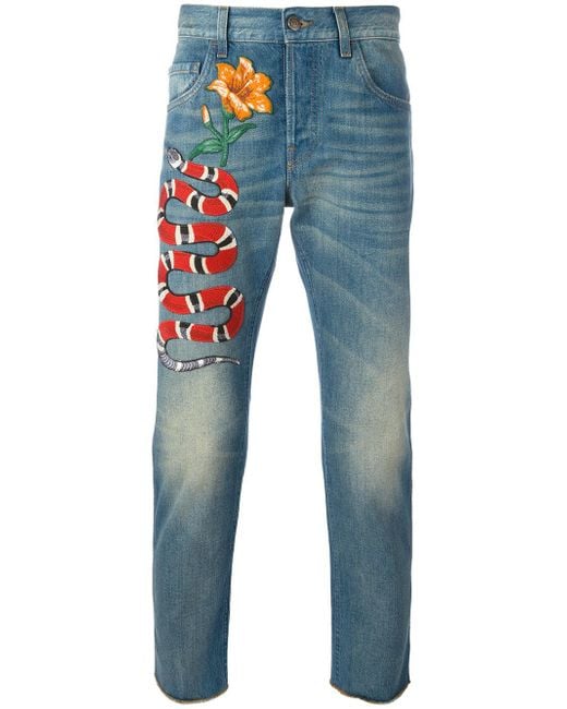 Gucci Blue Snake Embroidered Slim-fit Jeans for men