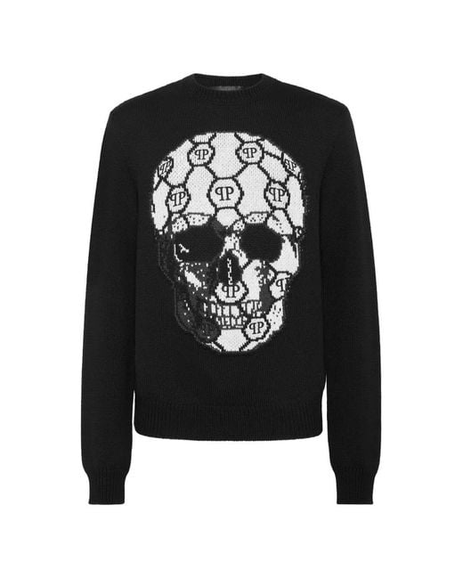 Philipp Plein Black Pull À Col Rond Et Motif Tête De Mort for men