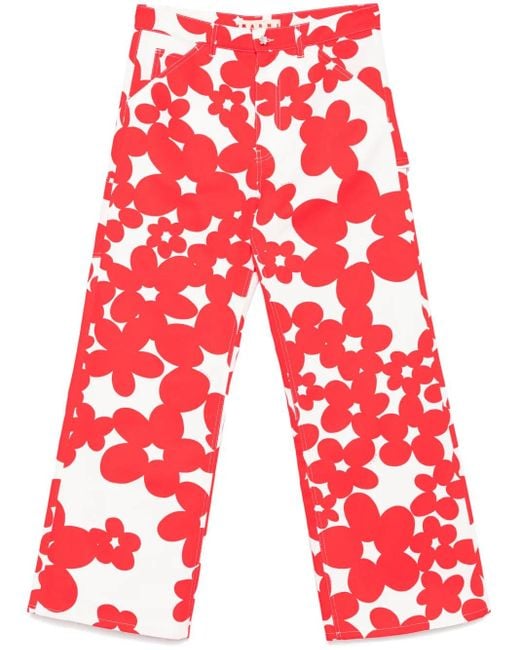 Marni Gabardine-Hose Mit Blumen-Print in Red für Herren