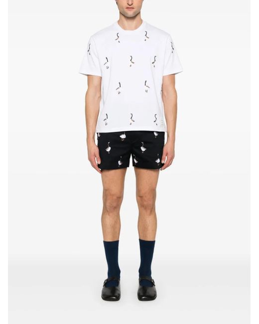 Thom Browne White Cotton Embroidered Geese T-Shirt for men