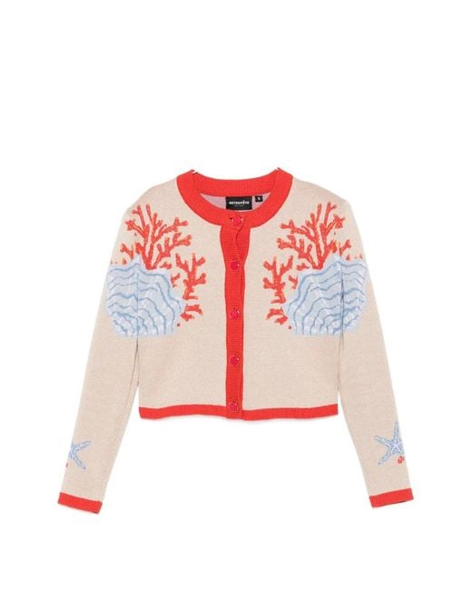 retroféte Red Aralyn Coral-Intarsia Cropped Cardigan