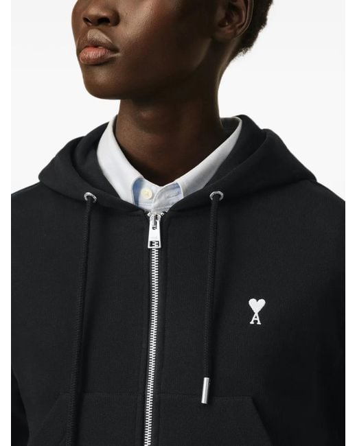 AMI Black Zipped Cotton Hoodie With Ami De Coeur