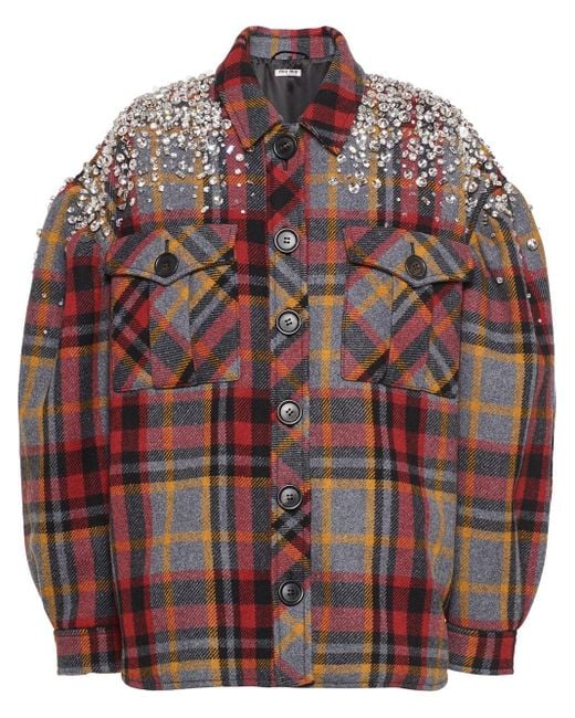 Miu Miu Crystal-embellished Plaid Jacket in Gray