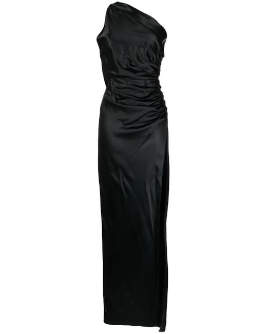 Michelle Mason Black Gathered-Detail One-Shoulder Silk Gown